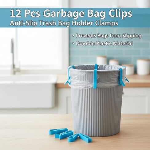 12 Pcs Garbage Bag Clips, Anti-Slip Trash Bag Holder Clamps, Practical Waste Bin Bag Fastener, Prevents Bags from Slipping, Blue in Saudi Arabia