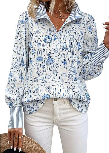 GORGLITTER Women's Floral Long Sleeve Peasant Blouse Dressy Half Button Ruffle Trim Boho Shirts in Saudi Arabia