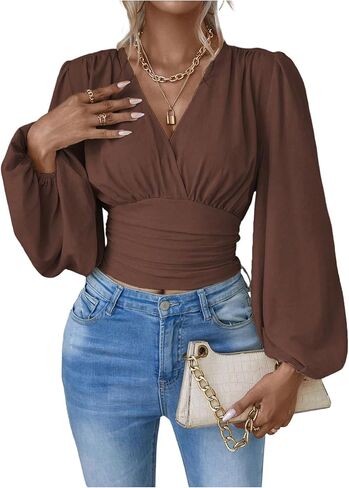 SHENHE Women's Lantern Long Sleeve Wrap Blouse Dressy Casual Ruched V Neck Cinched Waist Shirt in Saudi Arabia