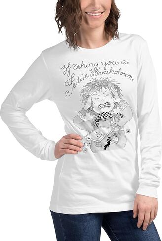 قميص Mary Engelbreit Festive Breakdown للجنسين بأكمام طويلة باللون الأبيض in Kuwait