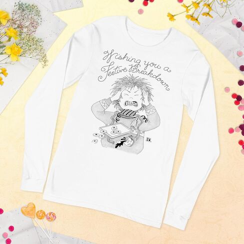 قميص Mary Engelbreit Festive Breakdown للجنسين بأكمام طويلة باللون الأبيض in Kuwait