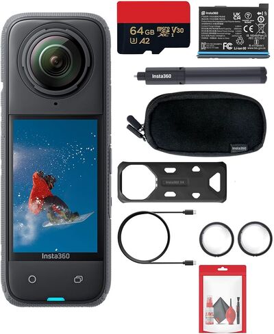 Insta360 X4 - كاميرا أكشن مقاومة للماء 360 8K مع مستشعرات 48 ميجابكسل، فيديو 5.7K 360، صورة 72 ميجابكسل 360، تحرير الذكاء الاصطناعي، لمنشئي المحتوى، الرياضة، السفر، الهواء الطلق + عصا سيلفي + بطاقة 64 جيجابايت + المزيد in Saudi Arabia
