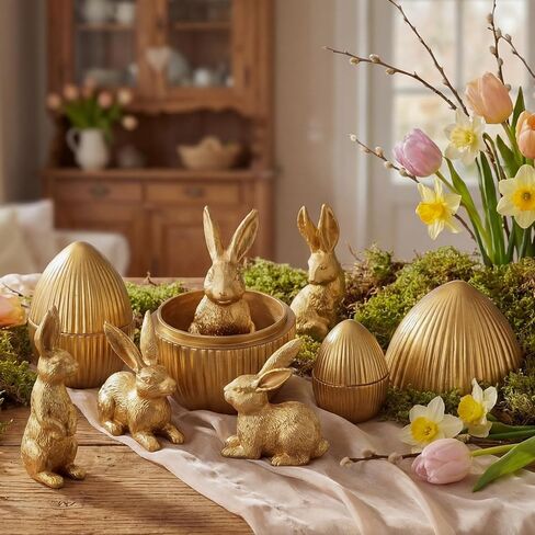Wesiti 8 Pack Gold Easter Eggs with Bunny Figurines 5 Rabbits & 3 Fillable Eggs Set Vintage Resin Bunny Table Centerpiece for Spring Home Decor Easter Party Supplies Egg Hunt Basket Stuffer Filler in Saudi Arabia