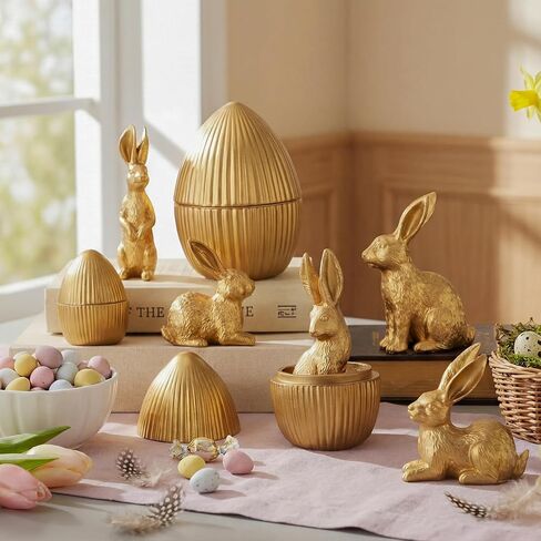 Wesiti 8 Pack Gold Easter Eggs with Bunny Figurines 5 Rabbits & 3 Fillable Eggs Set Vintage Resin Bunny Table Centerpiece for Spring Home Decor Easter Party Supplies Egg Hunt Basket Stuffer Filler in Saudi Arabia