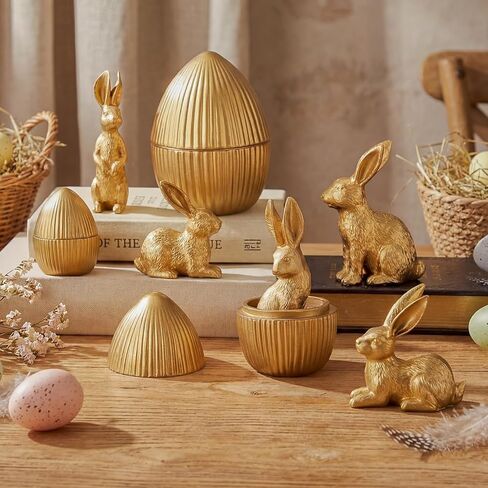 Wesiti 8 Pack Gold Easter Eggs with Bunny Figurines 5 Rabbits & 3 Fillable Eggs Set Vintage Resin Bunny Table Centerpiece for Spring Home Decor Easter Party Supplies Egg Hunt Basket Stuffer Filler in Saudi Arabia