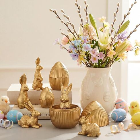 Wesiti 8 Pack Gold Easter Eggs with Bunny Figurines 5 Rabbits & 3 Fillable Eggs Set Vintage Resin Bunny Table Centerpiece for Spring Home Decor Easter Party Supplies Egg Hunt Basket Stuffer Filler in Saudi Arabia