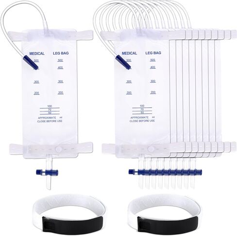 TrelaCo 10 Pcs Catheter Leg Bag Urinary Drainage Bag with Anti Reflux Valve Catheter Supplies with 2 Anti Slip Foley Catheter Stabilization Device Holder for Men Women(750 ml) in Kuwait