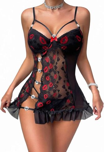 ملابس داخلية نسائية بتصميم شفاه مطرزة بشبكة جانبية مجوفة ومثير بكشكشة من الدانتيل وقميص نوم in Kuwait