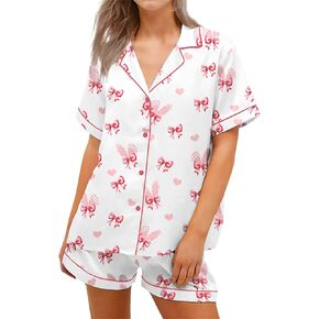 Springcmy Women Easter Pajamas Set Silk Bunny Button Egg Down Shirt and Shorts 2Pcs Pj Set Loungewear Sleepwear Outfits in Kuwait