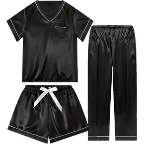 3 Piece Silk Satin Pajamas Set for Women Soft Short Sleeve Pjs Silky V Neck Sleepwear with Top Shorts and Pants,Black,S in Kuwait