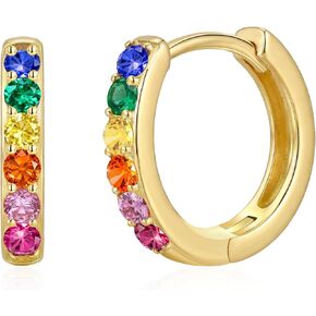 أقراط هاجي من الفضة الإسترلينية عيار 925 للنساء أقراط فضة مطلية بالذهب عيار 14 قيراط للنساء لا تسبب الحساسية، حلق هاجي صغير ملون بألوان قوس قزح مكعب زركونيا (12/14/16 ملم) in Kuwait