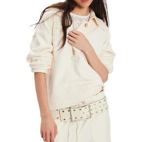 المرأة اقتصاص بولو سترة طويلة الأكمام المتضخم الياقة السترة عادية التلبيب الخامس الرقبة محبوك البلوز القمم in Kuwait