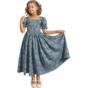 فستان فتاة الزهور بأكمام منتفخة مع فيونكة طويلة على شكل حرف A فستان رسمي مزين بالدانتيل مزين بالزهور لحفلات الزفاف وأعياد الميلاد in Kuwait