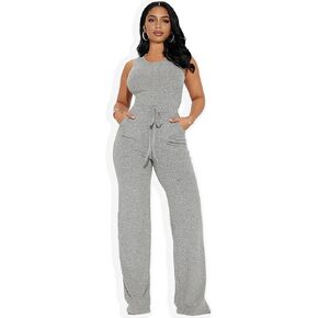 Women's Lightweight Knit Jumpsuit Sleeveless Wide Leg Romper with Pockets Breathable Summer Lounge One Piece Outfit in Saudi Arabia