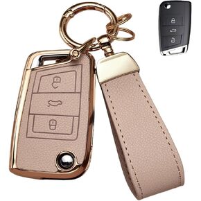 غطاء مفتاح فوب لسيارة فولكس فاجن مع سلسلة مفاتيح، جلد علوي + غطاء غطاء مفتاح ناعم من مادة TPU لسيارة فولكس فاجن 2017-2021 جيتا تيجوان جي تي آي أطلس باسات أرتيون جولف قابل للطي 4 أزرار (بني) in Kuwait