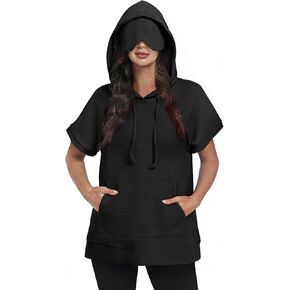 Kimmery Travel Hoodie with Eye Mask Women Short Sleeve Oversized Sweatshirt Pullover with Pocket for Airplane Naps in Kuwait