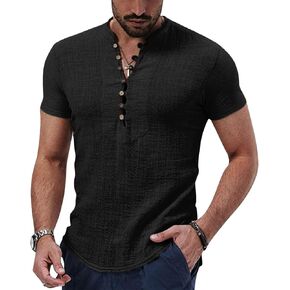 Puimentiua الرجال القطن الكتان قمصان قصيرة الأكمام عارضة هينلي قميص الصيف الشاطئ تي شيرت للرجال in Kuwait