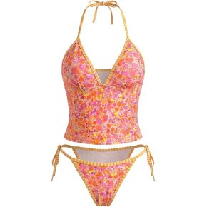 Verdusa Women's 2 Piece Tankini Swimsuits Boho Floral Halter Tie Backless Crop Tops with Panty Sets in Kuwait