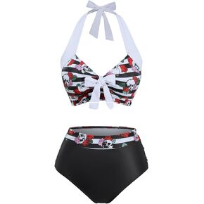 DRESSFO Womens Retro Bikini Set 2 Piece Halter Gothic Skull High Waist Tummy Control Vintage Tankini Bathing Suit in Kuwait