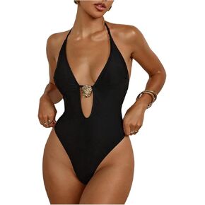 Milumia Women's One Piece Metal Cut Out Halter Swimsuit Sexy Deep V Neck Open Back Swimwear in Kuwait
