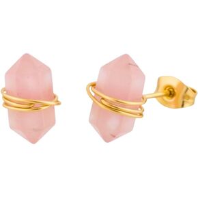 Gempires Gemstone Stud Earrings for Women 14K Gold Plated | Natural Crystal Double Point Pencil Wire Wrapped Studs | Healing Stone Jewelry | Unique 12x7mm Dainty Birthstone Earrings in Kuwait