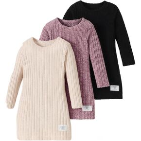 Girls Sweater Dresses 3 Packs Long Sleeve Kid Ribbed Knit Casual Dress Pullover Solid Fall Winter Dress for 8-12Y in Kuwait