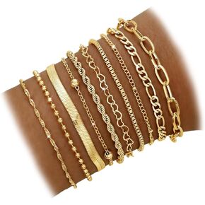 مجموعة أساور ذهبية 10 قطع للنساء، مجموعة أساور على شكل سلسلة مشبك ورق مطلية بالذهب عيار 14 قيراط قابلة للتكديس، مجموعة أساور ذهبية أنيقة هدية مجوهرات in Kuwait