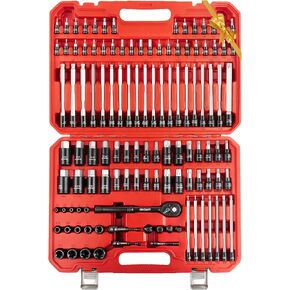 LLNDEI 115-Piece Torx & Allen Bit Socket Set, 1/4",3/8"and 1/2" Drive, Extra Long Torx//Tamper Proof Torx/Hex/Ball End Hex Socket Set, S2 Steel, SAE/Metric, with Ratchet Wrench & Adapters in Kuwait