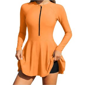 Women's Long Sleeve Two Piece Rash Guard Modest Swimsuits Dress Zipper Surfing Bathing Swimkirt with Shorts UPF 50+ in Kuwait