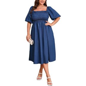 فستان صيفي من قماش الدنيم بمقاس كبير L-4XL، بأكمام قصيرة بدون أكتاف قابلة للعكس مع جيوب، فساتين جينز للنساء ذوات القوام الممتلئ in Kuwait