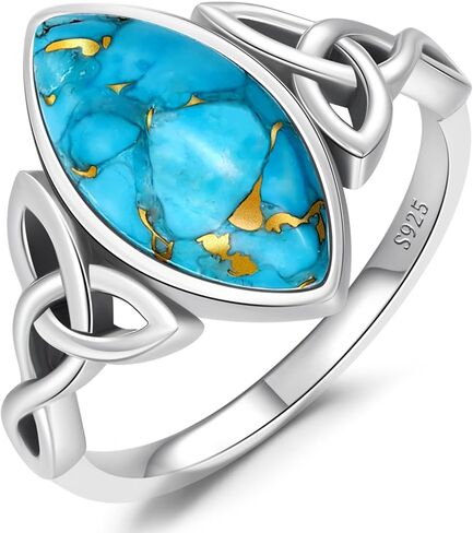 Marquise Cut Turquoise Rings for Women - 925 Sterling Silver Vintage Boho Celtic Knot Ring, 7 * 15mm Bronze Veined Turquoise Statement Stacking Ring for Women Birthday Jewelry Gift Size 5-9 in Saudi Arabia