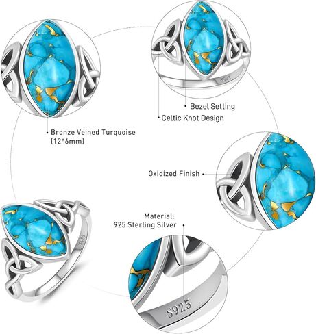 Marquise Cut Turquoise Rings for Women - 925 Sterling Silver Vintage Boho Celtic Knot Ring, 7 * 15mm Bronze Veined Turquoise Statement Stacking Ring for Women Birthday Jewelry Gift Size 5-9 in Saudi Arabia
