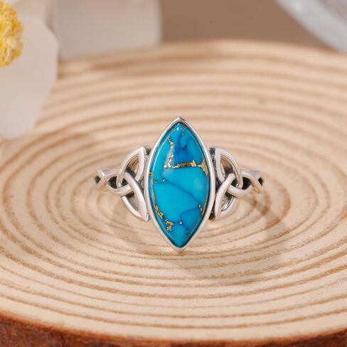 Marquise Cut Turquoise Rings for Women - 925 Sterling Silver Vintage Boho Celtic Knot Ring, 7 * 15mm Bronze Veined Turquoise Statement Stacking Ring for Women Birthday Jewelry Gift Size 5-9 in Saudi Arabia