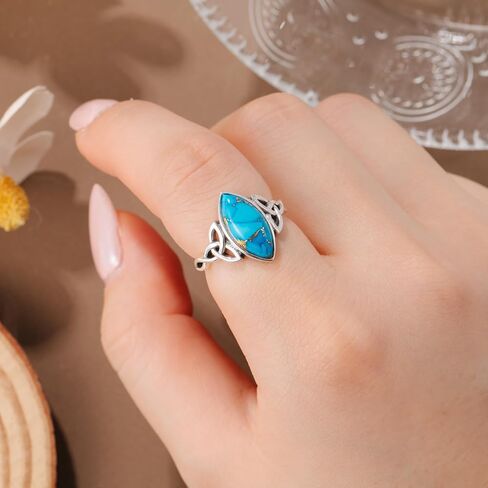 Marquise Cut Turquoise Rings for Women - 925 Sterling Silver Vintage Boho Celtic Knot Ring, 7 * 15mm Bronze Veined Turquoise Statement Stacking Ring for Women Birthday Jewelry Gift Size 5-9 in Saudi Arabia