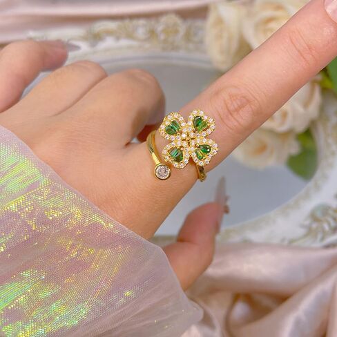 Elegant Four Leaf Clover Fidget Anxiety Rings for Women Sparkly Cubic Zirconia Heart Flower Adjustable Rotating Spinning Ring Wedding Open Band Relieving Stress Delicate Lucky Jewelry St. Patrick Day in Saudi Arabia