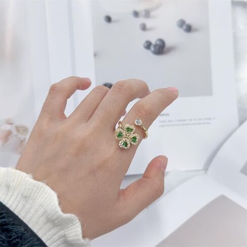 Elegant Four Leaf Clover Fidget Anxiety Rings for Women Sparkly Cubic Zirconia Heart Flower Adjustable Rotating Spinning Ring Wedding Open Band Relieving Stress Delicate Lucky Jewelry St. Patrick Day in Saudi Arabia