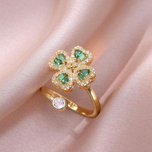 Elegant Four Leaf Clover Fidget Anxiety Rings for Women Sparkly Cubic Zirconia Heart Flower Adjustable Rotating Spinning Ring Wedding Open Band Relieving Stress Delicate Lucky Jewelry St. Patrick Day in Saudi Arabia