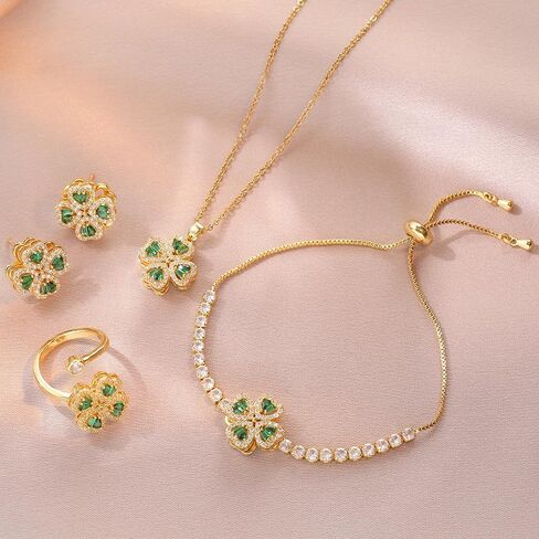 Elegant Four Leaf Clover Fidget Anxiety Rings for Women Sparkly Cubic Zirconia Heart Flower Adjustable Rotating Spinning Ring Wedding Open Band Relieving Stress Delicate Lucky Jewelry St. Patrick Day in Saudi Arabia