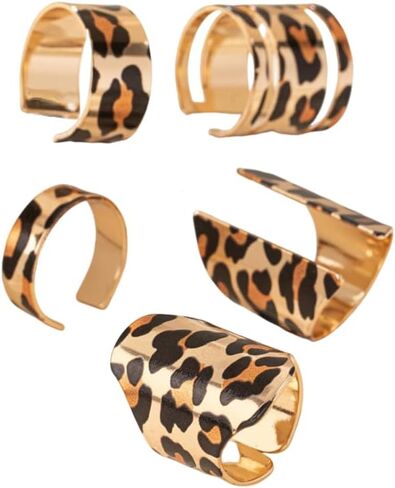 Leopard Print Statement Ring 5 Pieces Set Gold-Tone for Women Trendy Vintage Tortoise Wide Bands Open Boho Adjustable Finger Rings Retro Comfort Fit Cocktail Party Prom 80 90s Costume Jewelry Gifts in Saudi Arabia