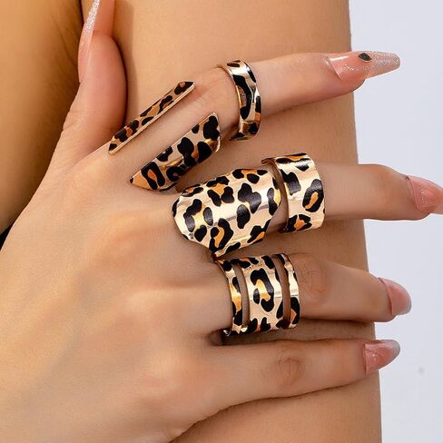Leopard Print Statement Ring 5 Pieces Set Gold-Tone for Women Trendy Vintage Tortoise Wide Bands Open Boho Adjustable Finger Rings Retro Comfort Fit Cocktail Party Prom 80 90s Costume Jewelry Gifts in Saudi Arabia