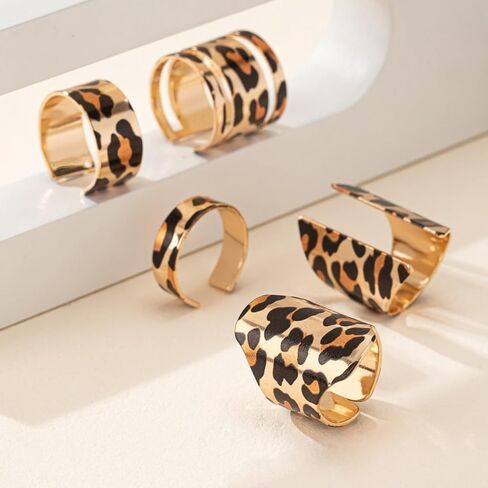 Leopard Print Statement Ring 5 Pieces Set Gold-Tone for Women Trendy Vintage Tortoise Wide Bands Open Boho Adjustable Finger Rings Retro Comfort Fit Cocktail Party Prom 80 90s Costume Jewelry Gifts in Saudi Arabia