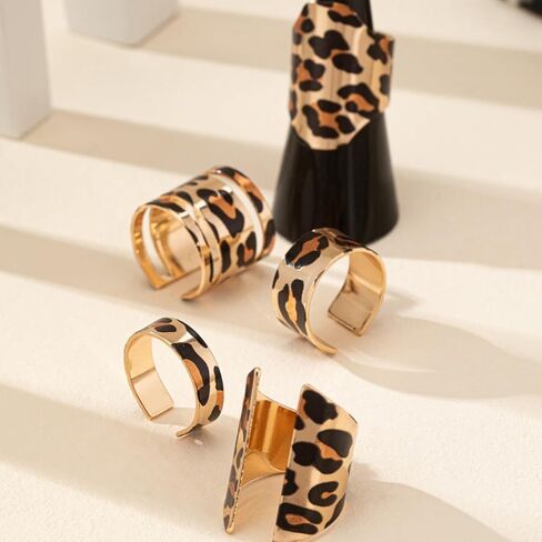 Leopard Print Statement Ring 5 Pieces Set Gold-Tone for Women Trendy Vintage Tortoise Wide Bands Open Boho Adjustable Finger Rings Retro Comfort Fit Cocktail Party Prom 80 90s Costume Jewelry Gifts in Saudi Arabia
