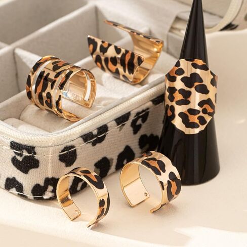 Leopard Print Statement Ring 5 Pieces Set Gold-Tone for Women Trendy Vintage Tortoise Wide Bands Open Boho Adjustable Finger Rings Retro Comfort Fit Cocktail Party Prom 80 90s Costume Jewelry Gifts in Saudi Arabia