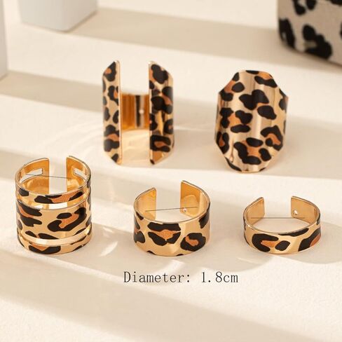 Leopard Print Statement Ring 5 Pieces Set Gold-Tone for Women Trendy Vintage Tortoise Wide Bands Open Boho Adjustable Finger Rings Retro Comfort Fit Cocktail Party Prom 80 90s Costume Jewelry Gifts in Saudi Arabia