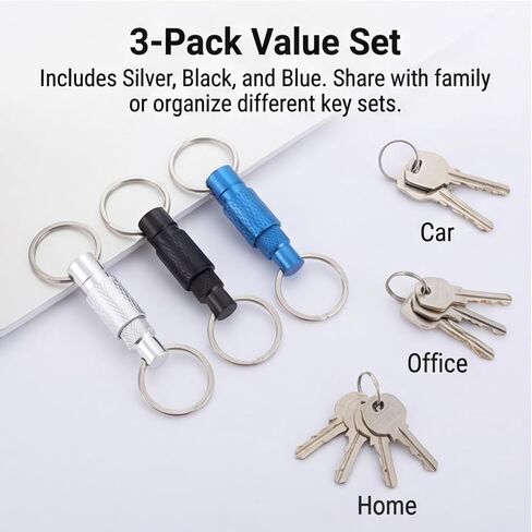 3Pcs Quick Release Keychain, Detachable Key Ring Quick Disconnect Keychain Heavy Duty Car Key Holder Metal Pull Apart Keychains for Men Women (Black, Silver, Blue) in Saudi Arabia