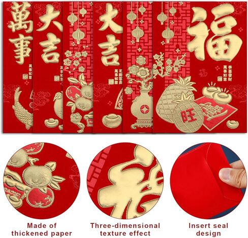 36pcs Chinese New Year Red Envelopes & 50pcs Chinese Copper Coins, 4.5x3.1 Inch Red Packets Pocket Hong Bao 6 Designs Gift lucky Money Envelopes Feng Shui Coins for Christmas Spring Festival Wedding in Saudi Arabia