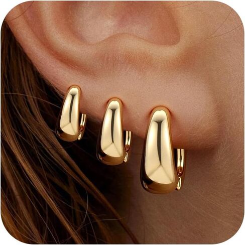 Mujahid 3 Pairs Gold Hoop Earrings for Women, 14K Real Gold Plated Chunky Hoop Earrings Set for Women Hypoallergenic Thick Lightweight Earring for Womens Jewelry Gifts.fashion jewelry in Saudi Arabia