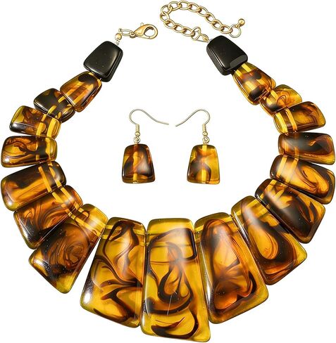 Acrylic Chunky Statement Necklace for Women Large Tortoise Shell Turquoise Stone Acrylic Link Chain Black White Red Orange Blended Style Resin Necklace Earring Jewelry Set in Saudi Arabia