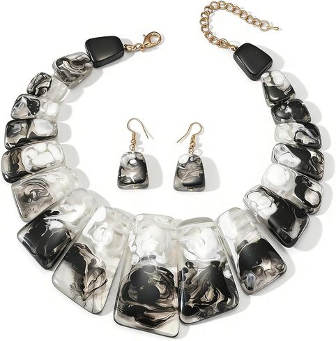 Acrylic Chunky Statement Necklace for Women Large Tortoise Shell Turquoise Stone Acrylic Link Chain Black White Red Orange Blended Style Resin Necklace Earring Jewelry Set in Saudi Arabia