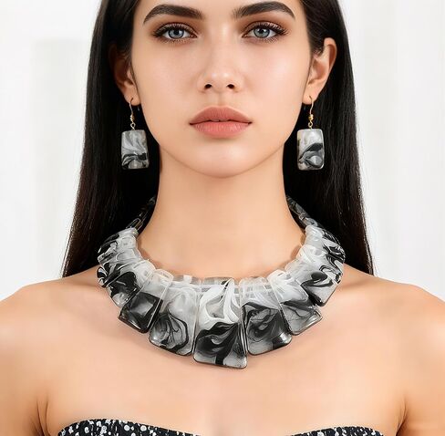 Acrylic Chunky Statement Necklace for Women Large Tortoise Shell Turquoise Stone Acrylic Link Chain Black White Red Orange Blended Style Resin Necklace Earring Jewelry Set in Saudi Arabia